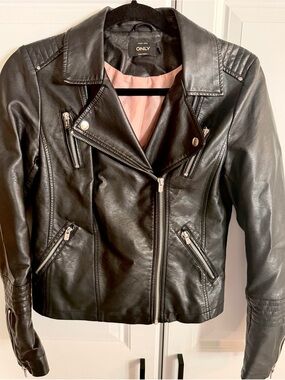 ONLY Black Faux Leather Moto Jacket with Pink Lining